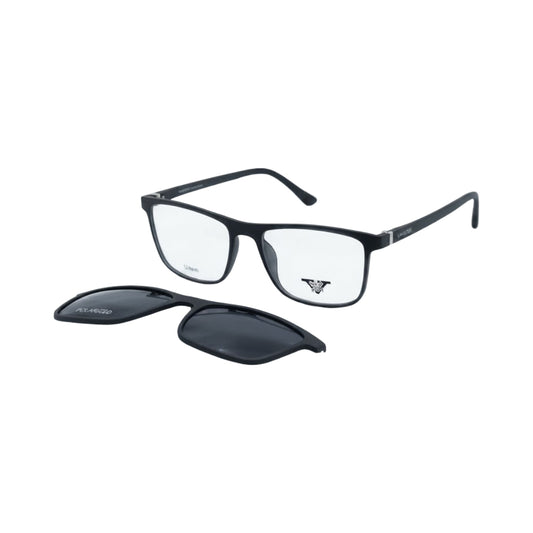 Classic black rectangular optical eyeglasses for men with removable clip-on sunglasses.