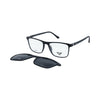 Classic black rectangular optical eyeglasses for men with removable clip-on sunglasses.