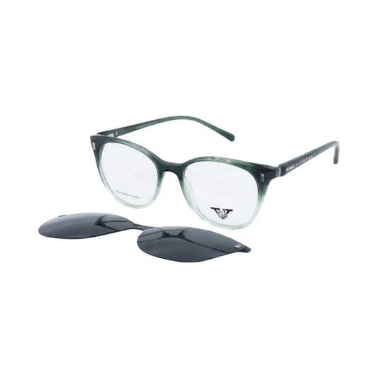 Green translucent acetate eyeglass frames with clear lenses and a pair of dark clip-on sunglasses placed in front, shown on a white background.