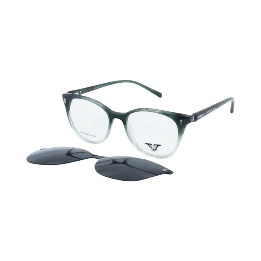Green translucent acetate eyeglass frames with clear lenses and a pair of dark clip-on sunglasses placed in front, shown on a white background.