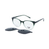 Green translucent acetate eyeglass frames with clear lenses and a pair of dark clip-on sunglasses placed in front, shown on a white background.