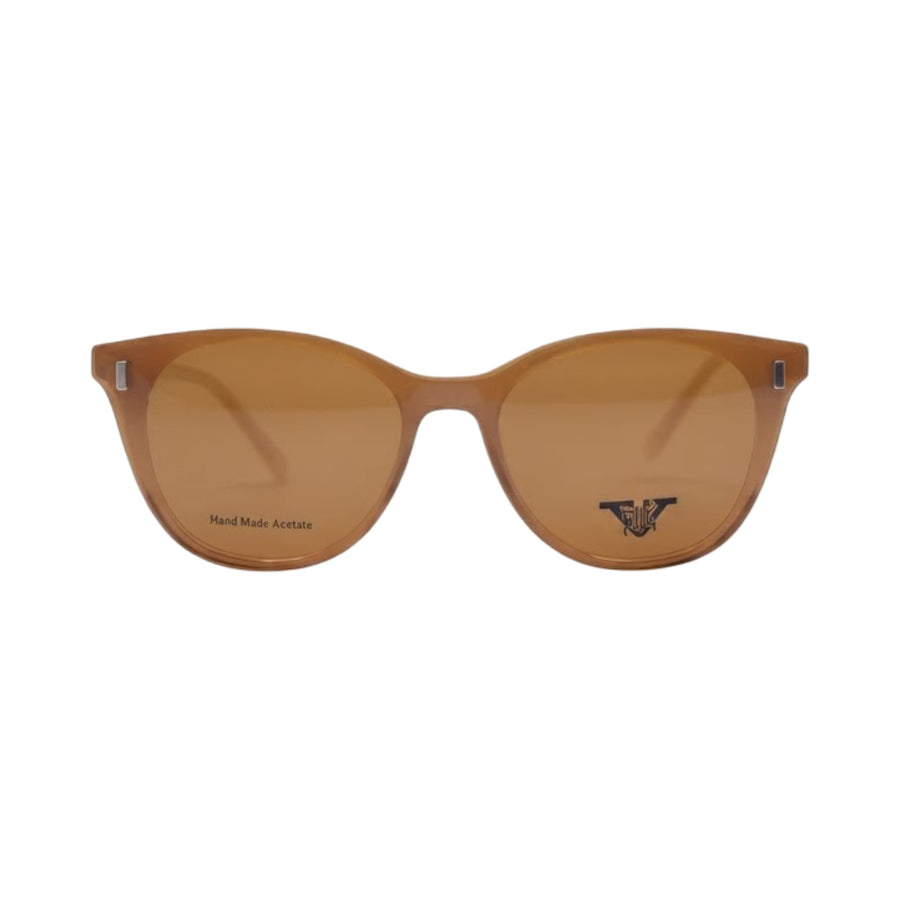 Clear peach oval clip-on optical glasses with a lightweight full-rim frame and detachable black magnetic sunglass lenses displayed in front.