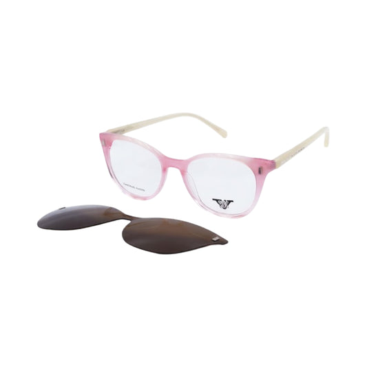 Clear peach oval clip-on optical glasses with a lightweight full-rim frame and detachable black magnetic sunglass lenses displayed in front.