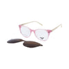 Clear peach oval clip-on optical glasses with a lightweight full-rim frame and detachable black magnetic sunglass lenses displayed in front.