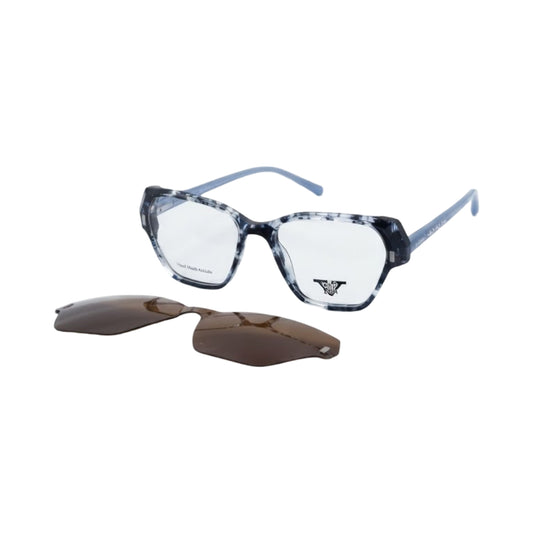 A pair of cat-eye eyeglasses with a blue and black marbled acetate frame, shown with a pair of brown clip-on sunglasses in front on a white background.