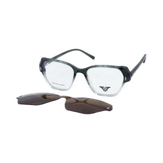 Green marbled geometric clip-on optical glasses with detachable brown magnetic sunglass lenses.