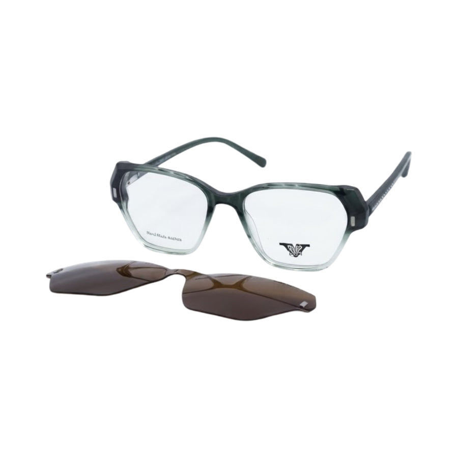 Green marbled geometric clip-on optical glasses with detachable brown magnetic sunglass lenses.