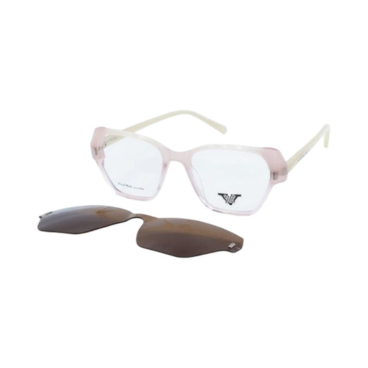 Women's peach clear geometric clip-on optical glasses with magnetic polarized sunglasses attachment.