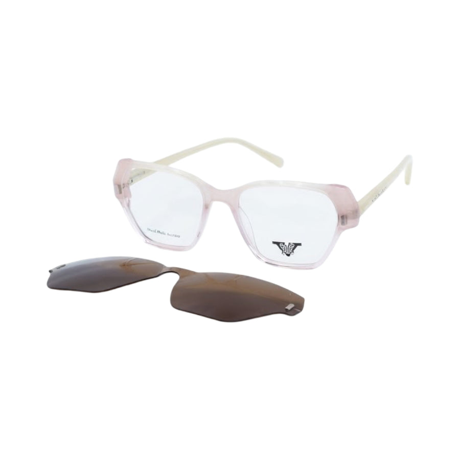 Women's peach clear geometric clip-on optical glasses with magnetic polarized sunglasses attachment.