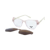 Women's peach clear geometric clip-on optical glasses with magnetic polarized sunglasses attachment.