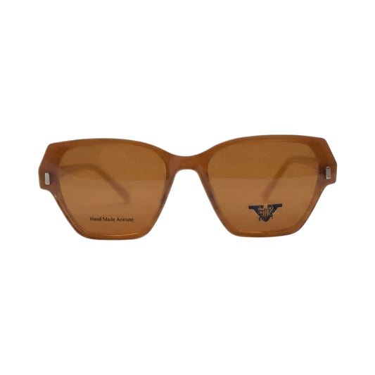 Transparent peach geometric optical eyeglasses for women with removable clip-on sun lenses.