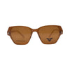 Women's peach clear geometric clip-on optical glasses with magnetic polarized sunglasses attachment.