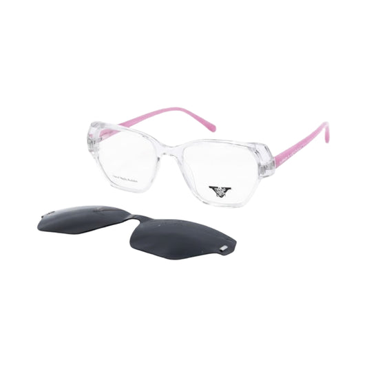 Women's clear front geometric optical glasses with pink arms and modern lightweight frame.