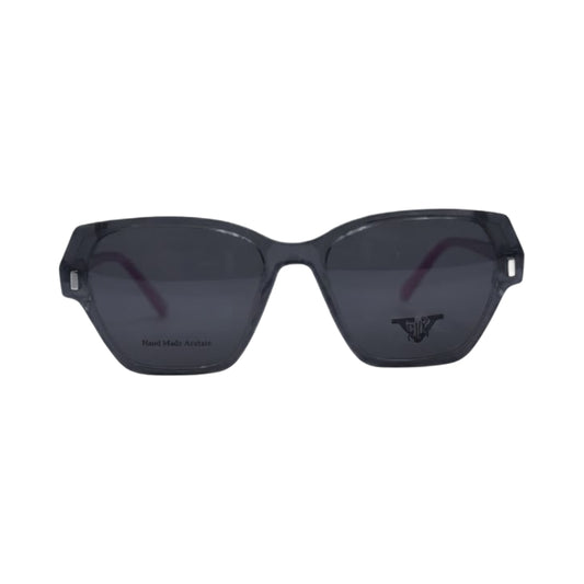 Stylish female transparent front eyeglasses with pink temples and geometric optical frame.