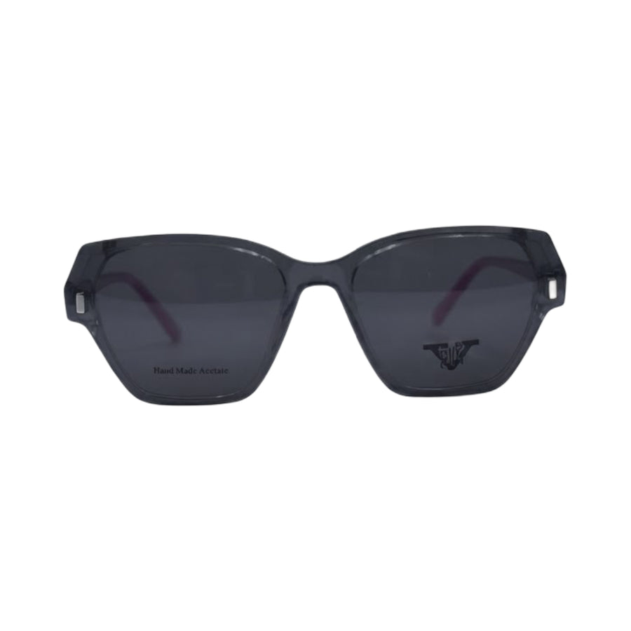 Women's clear front geometric optical glasses with pink arms and modern lightweight frame.