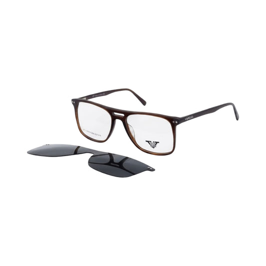 Classic brown square optical eyeglasses for men with removable clip-on sunglasses.