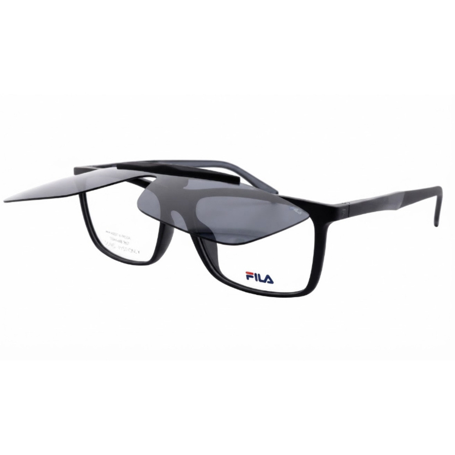 Black rectangular optical eyeglasses for men with removable clip-on sunglasses attachment.